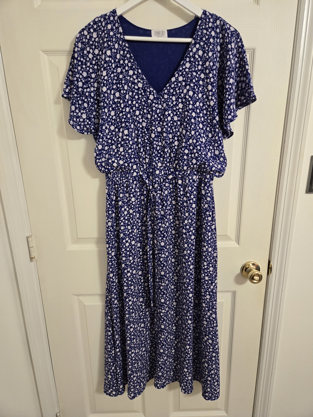 Sienna Sky Blue Floral V-Neck Blouson Summer Dress Size Large